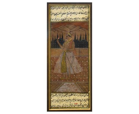 Indian watercolour, Mughal School, perhaps a manuscript page, depicting a male figure wearing a gilt sash and holding a flowe