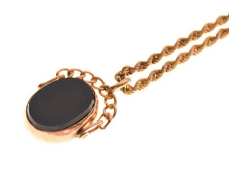 9ct gold double-sided swivel fob, on a 9ct gold rope-link chain, 49cm long approx, 21.7g gross approx