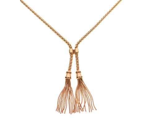 9ct gold lariat-style tassel necklace, 43cm long approx, 11.5g approxCondition report: A slight kink to one side of the chain