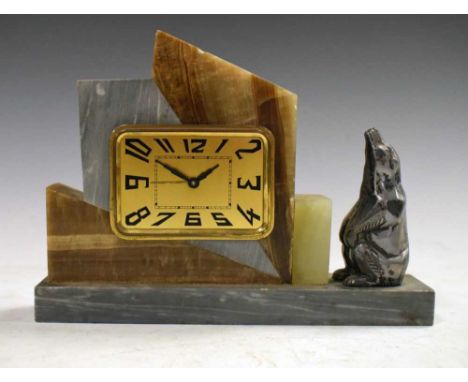 Art Deco novelty mantel clock, with rectangular Arabic dial and back-wound timepiece alarm movement, the case having stylised