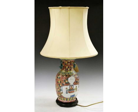 Chinese Canton Famille Rose vase, 40cm high excluding fitment (rim chip, as table lamp)