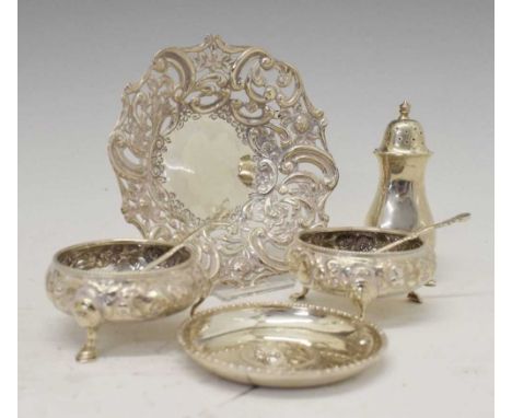 Assorted silver to include pair of Victorian cauldron salts, London, 1864, late Victorian pierced bonbon dish, Sheffield 1894