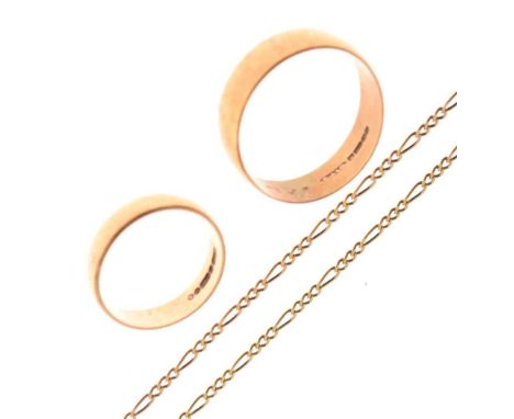 9ct gold figaro chain, 46.5cm long approx, a/f, and two 9ct gold wedding bands, 9.3g gross approx