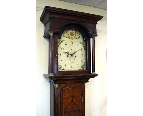 Early 19th inlaid oak-cased 8-day longcase clock, Bruton maker (unidentified), 12-inch white Arabic dial, flowering plant spa