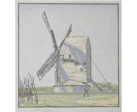 Oliver Senior - Coloured lithograph - 'Friston Mill', signed in pencil lower left, 35cm x 31cm, framed and glazed 