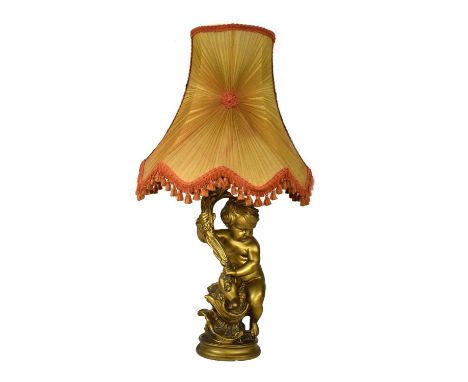 Plaster gilt figural lamp base with shade, 108cm high (overall)