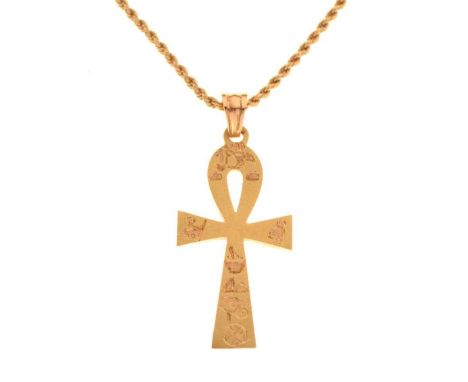 Egyptian gold Ankh pendant, on rope-link chain, stamped '750', 44cm long approx, 10.9g gross approx