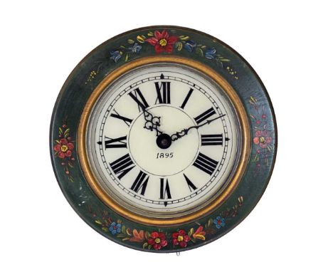 Continental green-painted 'Postman's alarm'-style wall clock, the Roman dial inscribed '1895', within floral surround, 30cm d