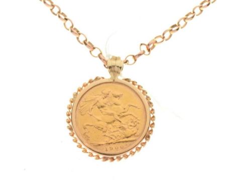 Sovereign 1900 in yellow metal pendant mount, on belcher-link chain, 62cm long approx, 23.8g gross approx 