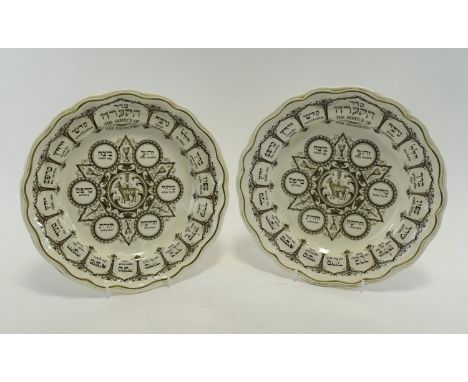 Spode Pair Of Earthenware Passover Plates 'Order Of  The Sader' 
Medium sized plates with gilt edge, cream ground with transf