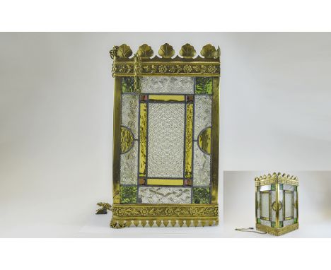 1920's / 1930's Impressive Stylish and Brass Framed Lantern Shaped Ceiling Light, Inset with Coloured Glass and Leaded Framed