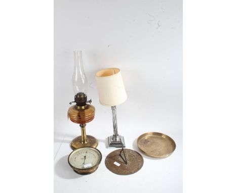 Silver plated corinthian column table lamp, together with an oil lamp, brass cased aneroid barometer, brass sun dial and a tr