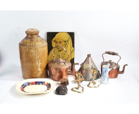 Collection of works of art to include pewter tankards, Luxor bicycle lamp, copper kettles, vacuum washer etc (Qty)