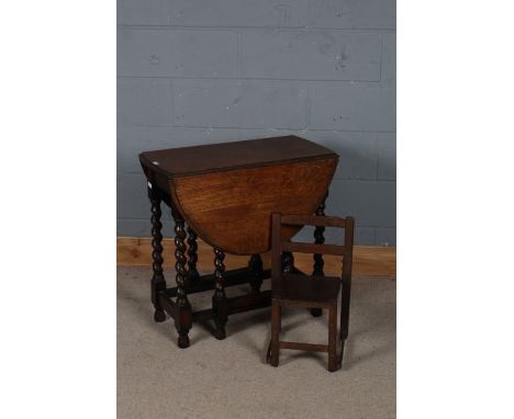 20th century oak drop leaf gate leg table, with barley twist legs and plain stretchers, 76cm wide 72cm high together with a 2