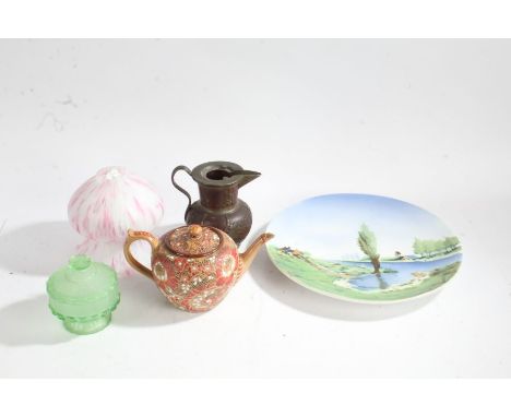 Collection of ceramics and glass to include a mottled pink glass lamp shade, Royal Doulton painted tea pot, Chinese brass mou