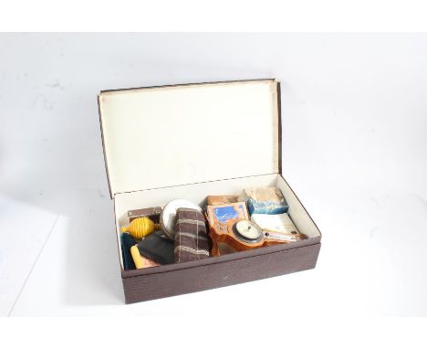 Mixed works of art, to include a small barometer, playing cards, pipe and tobacco pouch, penknife, cigarette case etc., (qty)