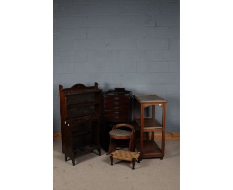 Collection of furniture to include oak stick stand, dressing table chair, oak bookcase, chest, three tier table etc (6)&nbsp;