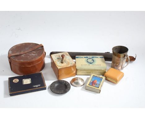 Mixed works of art, to include a small tripod stand, leather collar box, a Player's Navy Cut box with loose stamps, a Victori