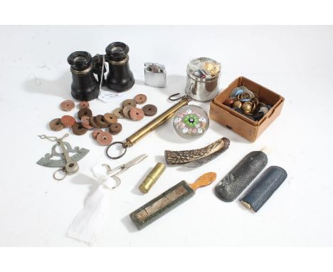 Mixed works of art, to include a glass paperweight, horn handled pen knife, brass balance scales, buttons, pair of binoculars