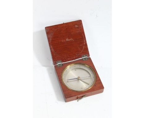 19th Century travelling compass, with silvered dial, housed in a mahogany case, 7cm square