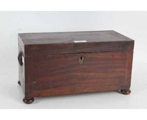19th century mahogany tea caddy, the rectangular top opening to reveal three compartments, raised on bun feet, 31cm wide 16.5