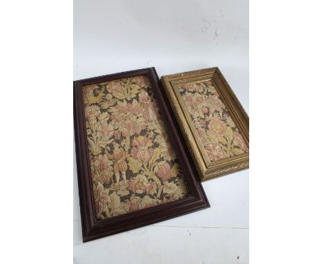 Two framed sections of 20th century machine tapestry both depicting floral scenes with figures, largest 60cm by 34cm&nbsp;