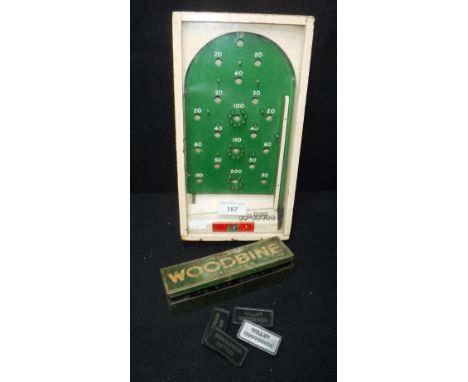 CHAD VALLEY: A VINTAGE WOODEN 'PIN BALL' GAME and a set of 'Will's Woodbine' Dominoes (2)