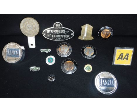 THREE BRISTOL 2 LITRE ENAMEL CAR BADGES, two 'LANCIA' chromed bosses and similar vintage car badges