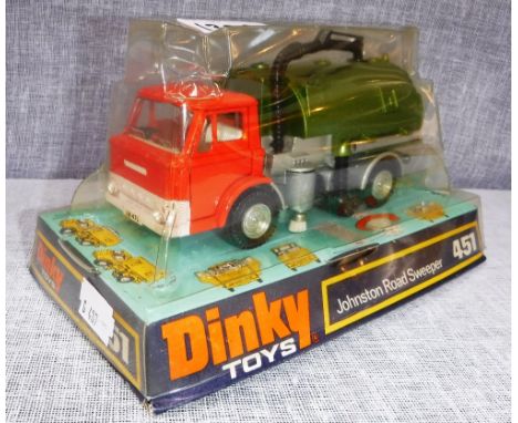 DINKY TOYS: A JOHNSTON ROAD SWEEPER (451) (with plastic cover and cardboard base  Note: Suction pipe broken, but complete
