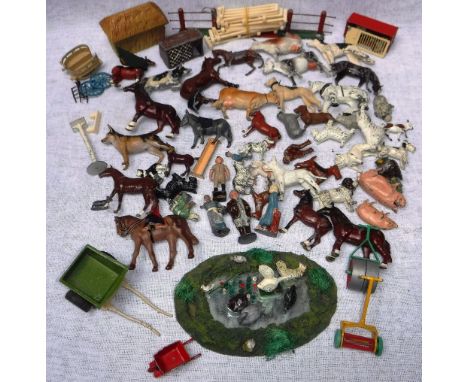 BRITAINS: A COLLECTION OF CAST PAINTED METAL FARM YARD ANIMALS, buildings and figures, and other similar items including a la