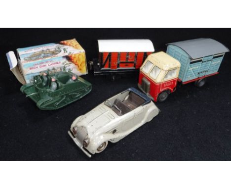 MINIC TOYS: A 1940S/50S OPEN TOP CLOCKWORK TOURER, CHAD VALLEY:  A 1950s tinplate 'British Railways' cattle truck lorry and a