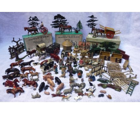 W. BRITAIN: A LARGE COLLECTION OF EARLY 20TH CENTURY 'HOME FARM SERIES' PAINTED METAL ITEMS including 'Horse Rake' (No 8F) (b