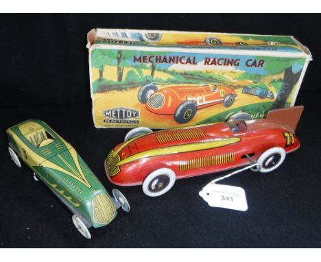 METTOY: A VINTAGE TIN-PLATE MECHANICAL RACING CAR (Boxed) and a similar French tin plate racing car, marked 'M L FRANCE' (wit