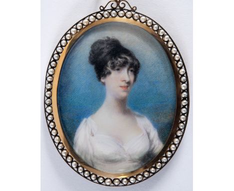 JOHN WRIGHT Portrait of a lady, believed to be Eliza Pilgrim, wearing white dress, half length, on ivory;  7 x 5.5 cms. The g