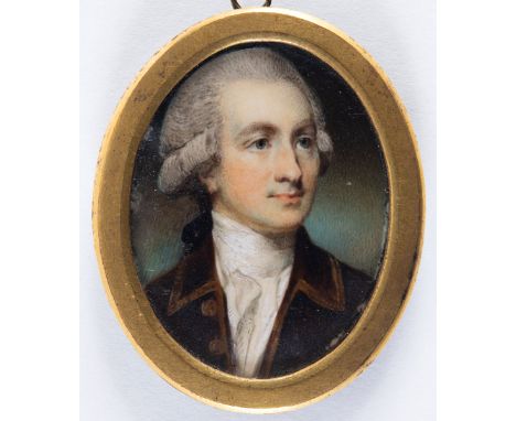 HORACE HONE Portrait of a gentleman wearing plum colour coat, head &amp; shoulders, on ivory;  4.5 x 3.5 cms 