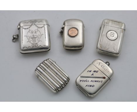 A LATE VICTORIAN VESTA CASE enamelled "IN ME A (MATCH) YOU'LL ALWAYS FIND" &amp; inscribed, by Sampson Mordan, London 1886, a