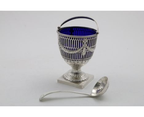 AN EDWARDIAN SWING-HANDLED SUGAR BASKET with a blue glass liner, by Carrington and Co., London 1907 and a late Victorian suga