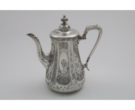 A VICTORIAN ENGRAVED COFFEE POT with a tapering hexagonal boddy, and a domed cover with a knop finial, with muslin ring and b