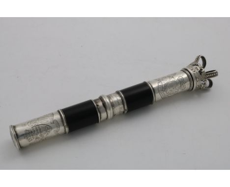 A GEORGE III MOUNTED EBONY TIPSTAFF with a Royal Crown finial, the top mount engraved with the Royal Coat of Arms and inscrib