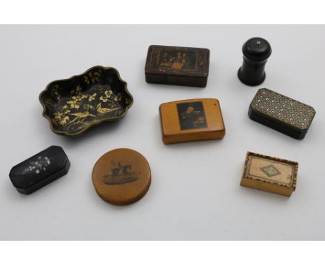 A VICTORIAN SMALL PAPIER-MACHE DISH with gilt decoration, three sycamore boxes with printed decoration, two papier-mache snuf