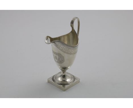 A RARE GEORGE III HELMET CREAM JUG with a square pedestal foot and engraved decoration, initialled, by Peter &amp; Jonathan B