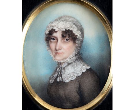 ANDREW PLIMER Portrait of a lady wearing lace cap and brown dress, head &amp; shoulders, on ivory;  7 x 6 cms