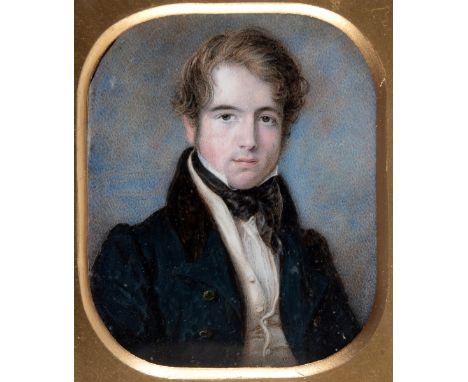 THOMAS WHEELER Portrait of a young gentleman wearing dark blue coat, half length, on ivory;  7.5 x 6 cms