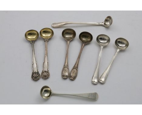 CONDIMENT SPOONS/LADLES:- A pair of George IV King's Husk salt spoons, crested, by Charles Eley, London 1825, a pair of Welli