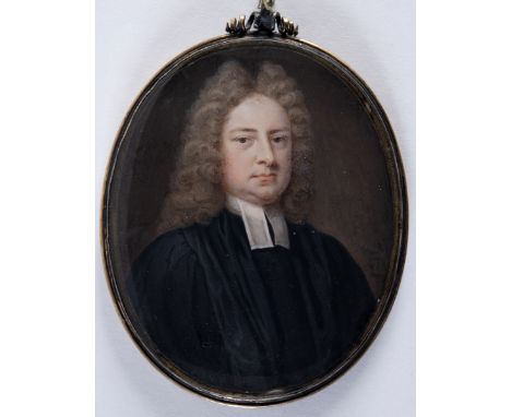 CHRISTIAN RICHTER Portrait of the Revd. Dr. Hicks of Worcester wearing clergyman's robes, half length, on ivory;  7.75 x 6.25