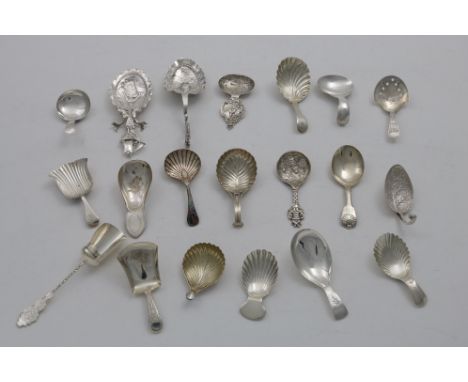 SEVENTEEN VARIOUS ANTIQUE CADDY SPOONS (including one French &amp; four Dutch examples), a Dutch plated caddy shovel, and two