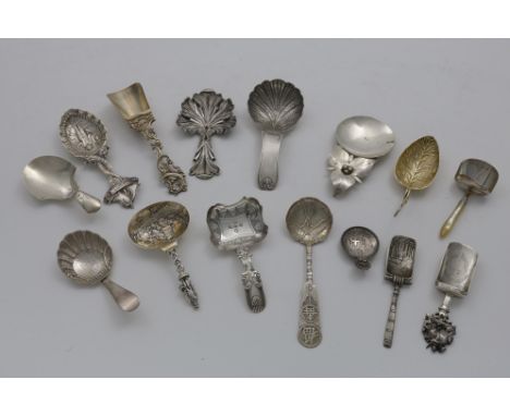TEN VARIOUS FOREIGN CADDY SPOONS and five various antique, Birmingham-hallmarked caddy spoons;  the largest one 4.5"  (11.5 c