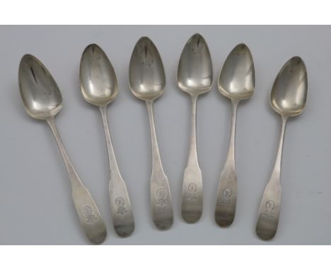 A SET OF SIX GEORGE III IRISH OAR PATTERN DESSERT SPOONS engraved on the terminals with the initial "R" below a Baron's coron