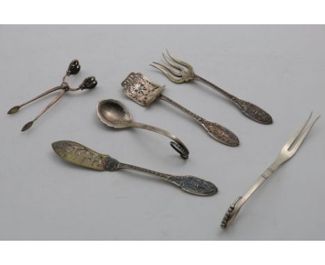 A MIXED LOT:- A Danish Blossom pattern spoon with a leaf-shaped bowl and a two-prong fork, by Georg Jensen of Copenhagen (pat