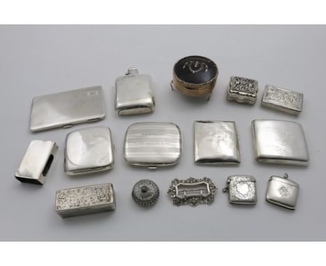 A MIXED LOT:- Five various cigarette cases, each with an inscription/dedication, a spirit flask inscribed "Gladys 1923", two 